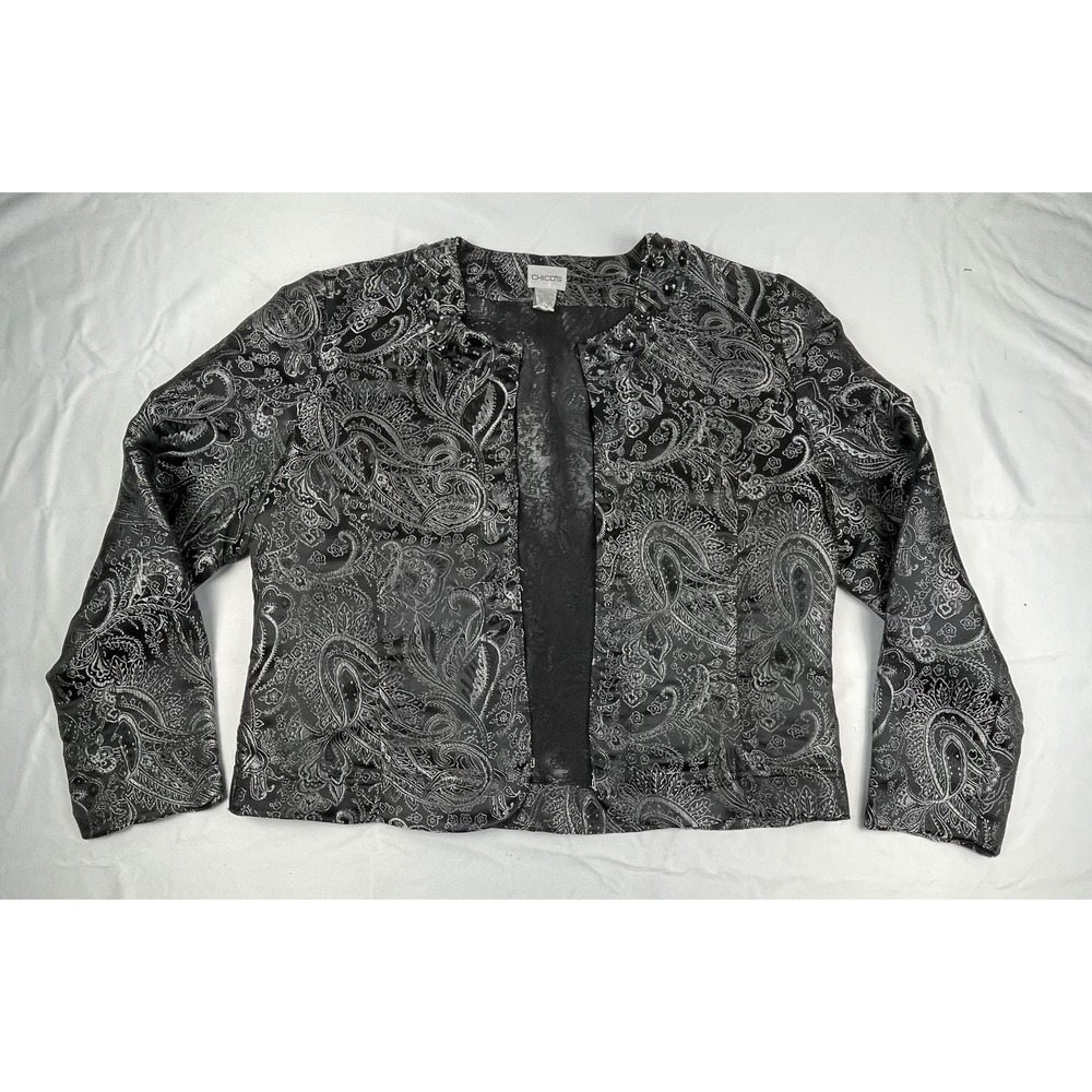 CHICOS PAISLEY BEADED OPEN FRONT JACKET WOMENS SIE 2 BLACK‎ GREY EVENING